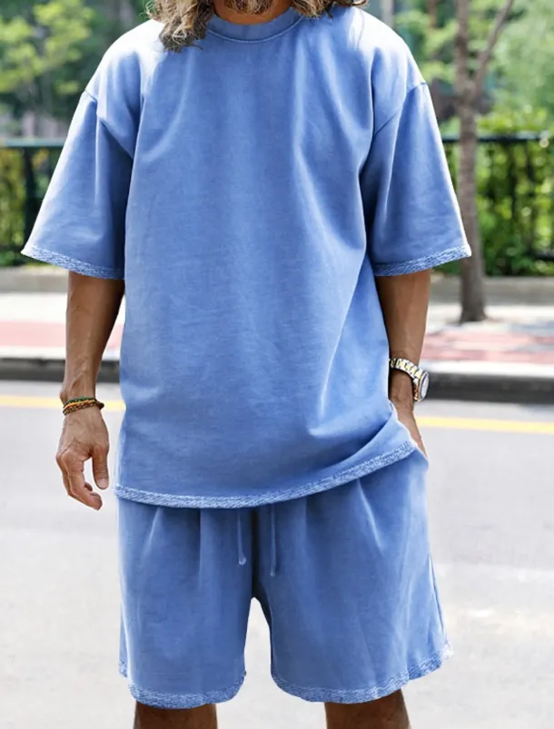 Men's Tracksuit Outfit Set Shorts Crew Neck Outdoor Daily Sports Pocket Drawstring 2 Piece Plain Black White Navy Blue Polyester Activewear Classic Casual Summer