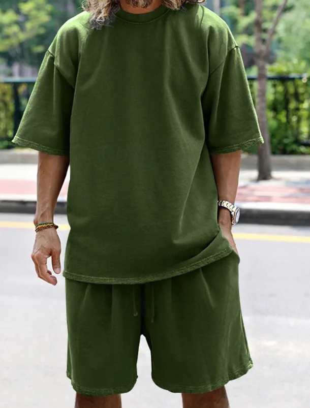 Men's Tracksuit Outfit Set Shorts Crew Neck Outdoor Daily Sports Pocket Drawstring 2 Piece Plain Black White Navy Blue Polyester Activewear Classic Casual Summer