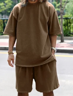 Men's Tracksuit Outfit Set Shorts Crew Neck Outdoor Daily Sports Pocket Drawstring 2 Piece Plain Black White Navy Blue Polyester Activewear Classic Casual Summer