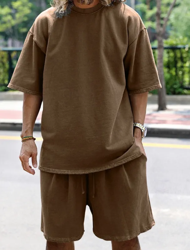 Men's Tracksuit Outfit Set Shorts Crew Neck Outdoor Daily Sports Pocket Drawstring 2 Piece Plain Black White Navy Blue Polyester Activewear Classic Casual Summer