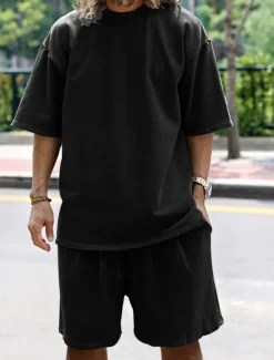 Men's Tracksuit Outfit Set Shorts Crew Neck Outdoor Daily Sports Pocket Drawstring 2 Piece Plain Black White Navy Blue Polyester Activewear Classic Casual Summer