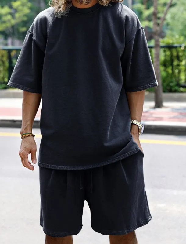 Men's Tracksuit Outfit Set Shorts Crew Neck Outdoor Daily Sports Pocket Drawstring 2 Piece Plain Black White Navy Blue Polyester Activewear Classic Casual Summer