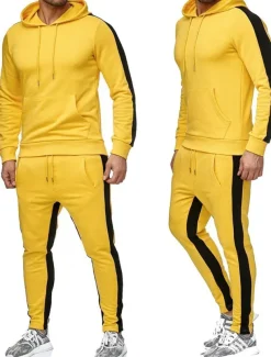 Men's Tracksuit Sweatsuit Activewear Set Pullover Hoodie Sweatshirt Jogging Suits Black White Yellow Red Dark Gray Hooded Solid Color Stripes Sports & Outdoor Going out Sportswear Sportswear Workout