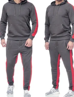 Men's Tracksuit Sweatsuit Activewear Set Pullover Hoodie Sweatshirt Jogging Suits Black White Yellow Red Dark Gray Hooded Solid Color Stripes Sports & Outdoor Going out Sportswear Sportswear Workout