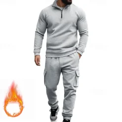 Men's Tracksuit Sweatsuit Quarter Zip Sweatshirt Apricot Black White Wine Red Half Zip Plain 2 Piece Sports & Outdoor Daily Holiday Polyester Streetwear Basic Casual Fall & Winter Clothing Apparel