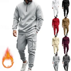 Men's Tracksuit Sweatsuit Quarter Zip Sweatshirt Apricot Black White Wine Red Half Zip Plain 2 Piece Sports & Outdoor Daily Holiday Polyester Streetwear Basic Casual Fall & Winter Clothing Apparel