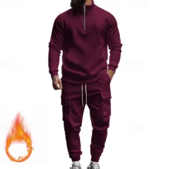 Men's Tracksuit Sweatsuit Quarter Zip Sweatshirt Apricot Black White Wine Red Half Zip Plain 2 Piece Sports & Outdoor Daily Holiday Polyester Streetwear Basic Casual Fall & Winter Clothing Apparel