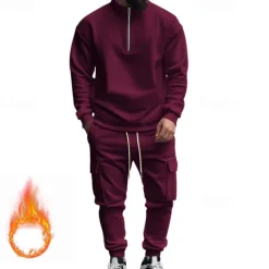 Men's Tracksuit Sweatsuit Quarter Zip Sweatshirt Apricot Black White Wine Red Half Zip Plain 2 Piece Sports & Outdoor Daily Holiday Polyester Streetwear Basic Casual Fall & Winter Clothing Apparel