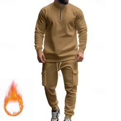 Men's Tracksuit Sweatsuit Quarter Zip Sweatshirt Apricot Black White Wine Red Half Zip Plain 2 Piece Sports & Outdoor Daily Holiday Polyester Streetwear Basic Casual Fall & Winter Clothing Apparel