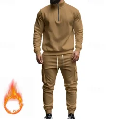 Men's Tracksuit Sweatsuit Quarter Zip Sweatshirt Apricot Black White Wine Red Half Zip Plain 2 Piece Sports & Outdoor Daily Holiday Polyester Streetwear Basic Casual Fall & Winter Clothing Apparel