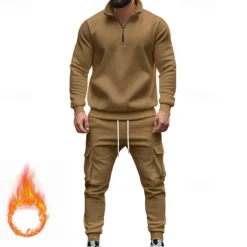 Men's Tracksuit Sweatsuit Quarter Zip Sweatshirt Apricot Black White Wine Red Half Zip Plain 2 Piece Sports & Outdoor Daily Holiday Polyester Streetwear Basic Casual Fall & Winter Clothing Apparel