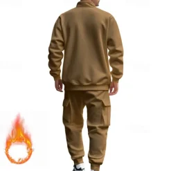 Men's Tracksuit Sweatsuit Quarter Zip Sweatshirt Apricot Black White Wine Red Half Zip Plain 2 Piece Sports & Outdoor Daily Holiday Polyester Streetwear Basic Casual Fall & Winter Clothing Apparel