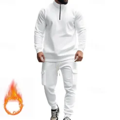 Men's Tracksuit Sweatsuit Quarter Zip Sweatshirt Apricot Black White Wine Red Half Zip Plain 2 Piece Sports & Outdoor Daily Holiday Polyester Streetwear Basic Casual Fall & Winter Clothing Apparel