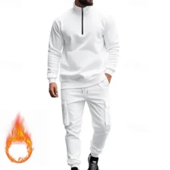 Men's Tracksuit Sweatsuit Quarter Zip Sweatshirt Apricot Black White Wine Red Half Zip Plain 2 Piece Sports & Outdoor Daily Holiday Polyester Streetwear Basic Casual Fall & Winter Clothing Apparel