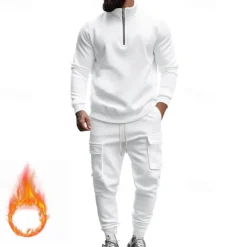 Men's Tracksuit Sweatsuit Quarter Zip Sweatshirt Apricot Black White Wine Red Half Zip Plain 2 Piece Sports & Outdoor Daily Holiday Polyester Streetwear Basic Casual Fall & Winter Clothing Apparel