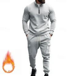 Men's Tracksuit Sweatsuit Quarter Zip Sweatshirt Apricot Black White Wine Red Half Zip Plain 2 Piece Sports & Outdoor Daily Holiday Polyester Streetwear Basic Casual Fall & Winter Clothing Apparel