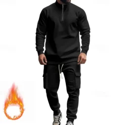 Men's Tracksuit Sweatsuit Quarter Zip Sweatshirt Apricot Black White Wine Red Half Zip Plain 2 Piece Sports & Outdoor Daily Holiday Polyester Streetwear Basic Casual Fall & Winter Clothing Apparel