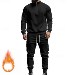 Men's Tracksuit Sweatsuit Quarter Zip Sweatshirt Apricot Black White Wine Red Half Zip Plain 2 Piece Sports & Outdoor Daily Holiday Polyester Streetwear Basic Casual Fall & Winter Clothing Apparel