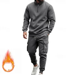 Men's Tracksuit Sweatsuit Quarter Zip Sweatshirt Apricot Black White Wine Red Half Zip Plain 2 Piece Sports & Outdoor Daily Holiday Polyester Streetwear Basic Casual Fall & Winter Clothing Apparel