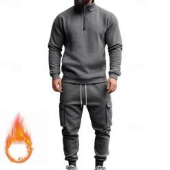 Men's Tracksuit Sweatsuit Quarter Zip Sweatshirt Apricot Black White Wine Red Half Zip Plain 2 Piece Sports & Outdoor Daily Holiday Polyester Streetwear Basic Casual Fall & Winter Clothing Apparel