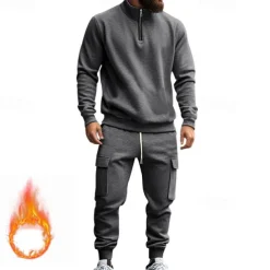 Men's Tracksuit Sweatsuit Quarter Zip Sweatshirt Apricot Black White Wine Red Half Zip Plain 2 Piece Sports & Outdoor Daily Holiday Polyester Streetwear Basic Casual Fall & Winter Clothing Apparel