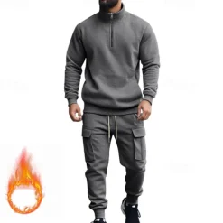 Men's Tracksuit Sweatsuit Quarter Zip Sweatshirt Apricot Black White Wine Red Half Zip Plain 2 Piece Sports & Outdoor Daily Holiday Polyester Streetwear Basic Casual Fall & Winter Clothing Apparel