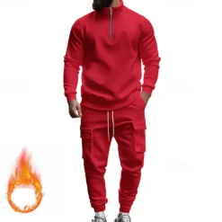 Men's Tracksuit Sweatsuit Quarter Zip Sweatshirt Apricot Black White Wine Red Half Zip Plain 2 Piece Sports & Outdoor Daily Holiday Polyester Streetwear Basic Casual Fall & Winter Clothing Apparel