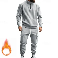 Men's Tracksuit Sweatsuit Quarter Zip Sweatshirt Apricot Black White Wine Red Half Zip Plain 2 Piece Sports & Outdoor Daily Holiday Polyester Streetwear Basic Casual Fall & Winter Clothing Apparel