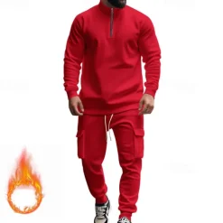 Men's Tracksuit Sweatsuit Quarter Zip Sweatshirt Apricot Black White Wine Red Half Zip Plain 2 Piece Sports & Outdoor Daily Holiday Polyester Streetwear Basic Casual Fall & Winter Clothing Apparel