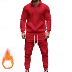 Men's Tracksuit Sweatsuit Quarter Zip Sweatshirt Apricot Black White Wine Red Half Zip Plain 2 Piece Sports & Outdoor Daily Holiday Polyester Streetwear Basic Casual Fall & Winter Clothing Apparel