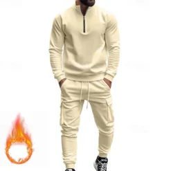 Men's Tracksuit Sweatsuit Quarter Zip Sweatshirt Apricot Black White Wine Red Half Zip Plain 2 Piece Sports & Outdoor Daily Holiday Polyester Streetwear Basic Casual Fall & Winter Clothing Apparel