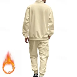 Men's Tracksuit Sweatsuit Quarter Zip Sweatshirt Apricot Black White Wine Red Half Zip Plain 2 Piece Sports & Outdoor Daily Holiday Polyester Streetwear Basic Casual Fall & Winter Clothing Apparel