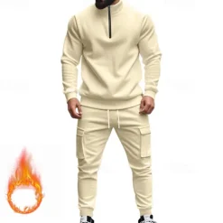 Men's Tracksuit Sweatsuit Quarter Zip Sweatshirt Apricot Black White Wine Red Half Zip Plain 2 Piece Sports & Outdoor Daily Holiday Polyester Streetwear Basic Casual Fall & Winter Clothing Apparel