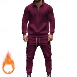 Men's Tracksuit Sweatsuit Quarter Zip Sweatshirt Apricot Black White Wine Red Half Zip Plain 2 Piece Sports & Outdoor Daily Holiday Polyester Streetwear Basic Casual Fall & Winter Clothing Apparel
