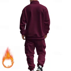 Men's Tracksuit Sweatsuit Quarter Zip Sweatshirt Apricot Black White Wine Red Half Zip Plain 2 Piece Sports & Outdoor Daily Holiday Polyester Streetwear Basic Casual Fall & Winter Clothing Apparel