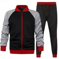 Men's Tracksuit Sweatsuit Full Zip Sweatshirt Black Army Green Standing Collar Color Block Patchwork 2 Piece Sports & Outdoor Daily Holiday Streetwear Basic Casual Spring & Fall Clothing Apparel