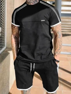 Men's Tracksuit T shirt & Shorts Outfit Set Crew Neck Outdoor Daily Sports Pocket Drawstring Patchwork Black Red Light Grey Polyester Activewear Streetwear Lightweight Summer