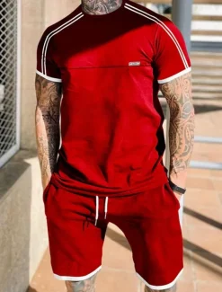Men's Tracksuit T shirt & Shorts Outfit Set Crew Neck Outdoor Daily Sports Pocket Drawstring Patchwork Black Red Light Grey Polyester Activewear Streetwear Lightweight Summer