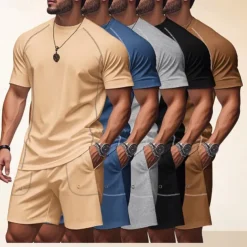 Men's Tracksuit T shirt & Shorts Outfit Set Crew Neck Outdoor Daily Sports Pocket Drawstring Plain Black Brown Light Grey Polyester Activewear Streetwear Lightweight Summer