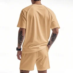 Men's Tracksuit T shirt & Shorts Outfit Set Crew Neck Outdoor Daily Sports Pocket Drawstring Plain Black Brown Light Grey Polyester Activewear Streetwear Lightweight Summer