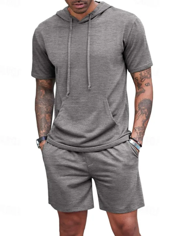Men's Tracksuit T shirt & Shorts Outfit Set Hoodie Outdoor Daily Sports Pocket Drawstring Plain Wine Red Black White Polyester Activewear Streetwear Lightweight Summer