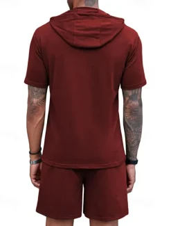 Men's Tracksuit T shirt & Shorts Outfit Set Hoodie Outdoor Daily Sports Pocket Drawstring Plain Wine Red Black White Polyester Activewear Streetwear Lightweight Summer