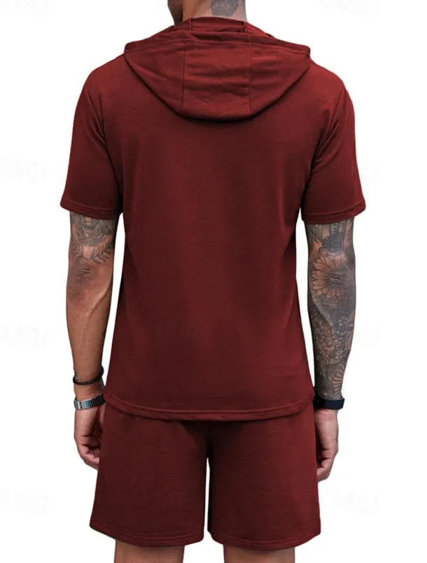 Men's Tracksuit T shirt & Shorts Outfit Set Hoodie Outdoor Daily Sports Pocket Drawstring Plain Wine Red Black White Polyester Activewear Streetwear Lightweight Summer