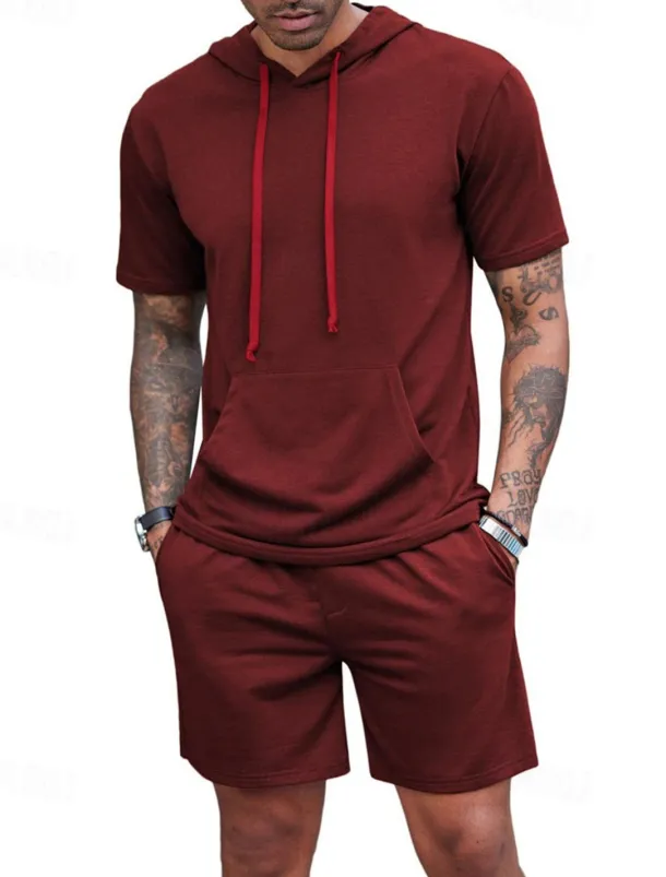 Men's Tracksuit T shirt & Shorts Outfit Set Hoodie Outdoor Daily Sports Pocket Drawstring Plain Wine Red Black White Polyester Activewear Streetwear Lightweight Summer