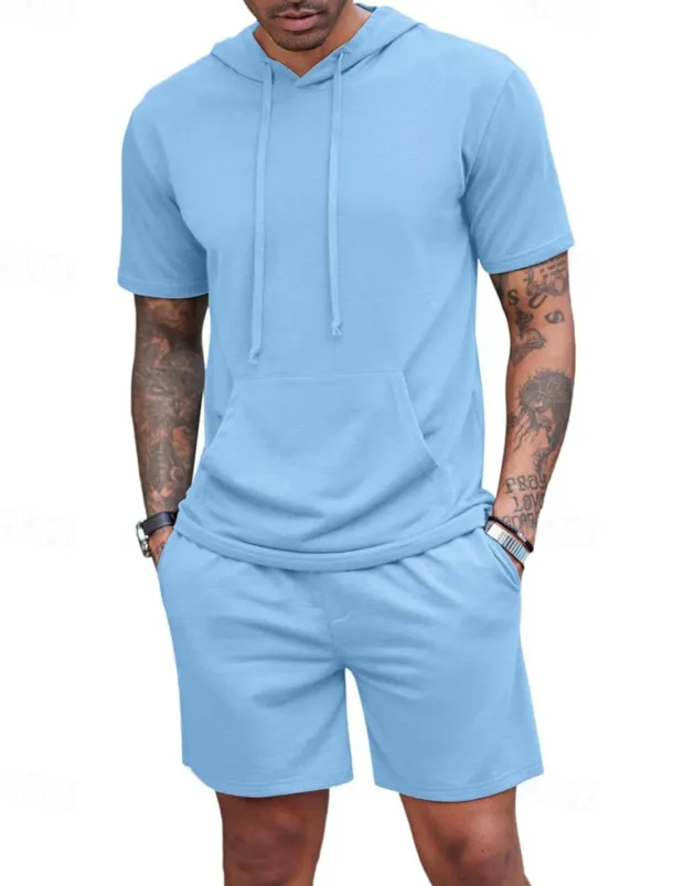 Men's Tracksuit T shirt & Shorts Outfit Set Hoodie Outdoor Daily Sports Pocket Drawstring Plain Wine Red Black White Polyester Activewear Streetwear Lightweight Summer