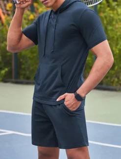 Men's Tracksuit T shirt & Shorts Outfit Set Hoodie Outdoor Daily Sports Pocket Drawstring Plain Wine Red Black White Polyester Activewear Streetwear Lightweight Summer