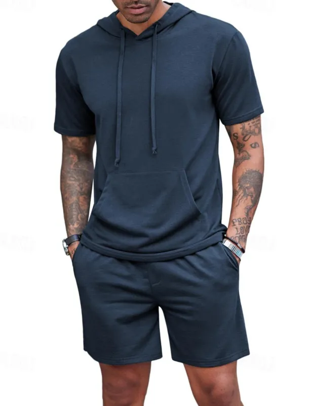 Men's Tracksuit T shirt & Shorts Outfit Set Hoodie Outdoor Daily Sports Pocket Drawstring Plain Wine Red Black White Polyester Activewear Streetwear Lightweight Summer