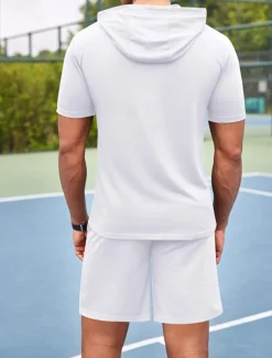 Men's Tracksuit T shirt & Shorts Outfit Set Hoodie Outdoor Daily Sports Pocket Drawstring Plain Wine Red Black White Polyester Activewear Streetwear Lightweight Summer