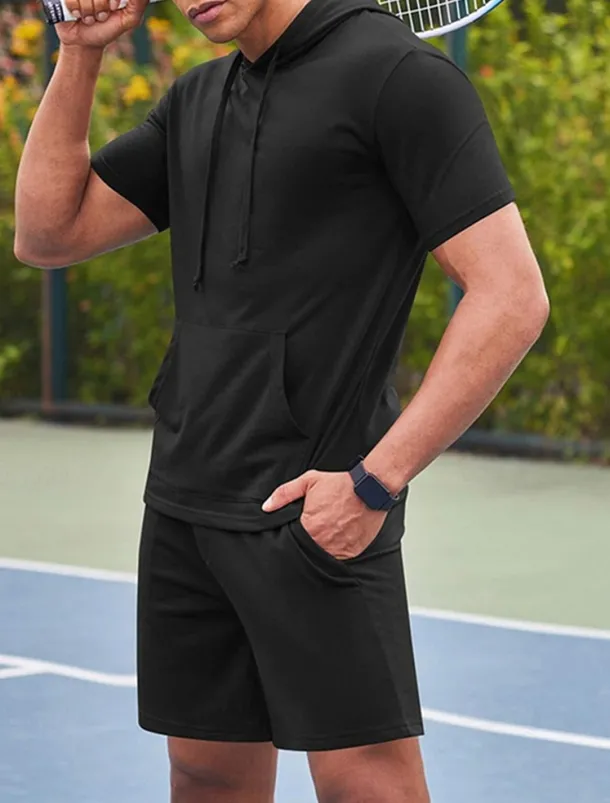 Men's Tracksuit T shirt & Shorts Outfit Set Hoodie Outdoor Daily Sports Pocket Drawstring Plain Wine Red Black White Polyester Activewear Streetwear Lightweight Summer