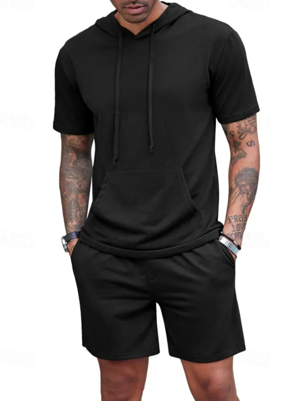 Men's Tracksuit T shirt & Shorts Outfit Set Hoodie Outdoor Daily Sports Pocket Drawstring Plain Wine Red Black White Polyester Activewear Streetwear Lightweight Summer